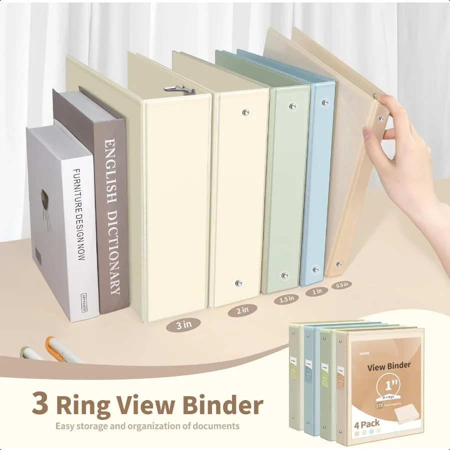 Carpeta de 3 anillas de 1 pulgada, paquete de 4 carpetas con vista transparente, tres anillas sin PVC, ajuste de 8,5x11 pulgadas para la escuela o la oficina, estética neutra