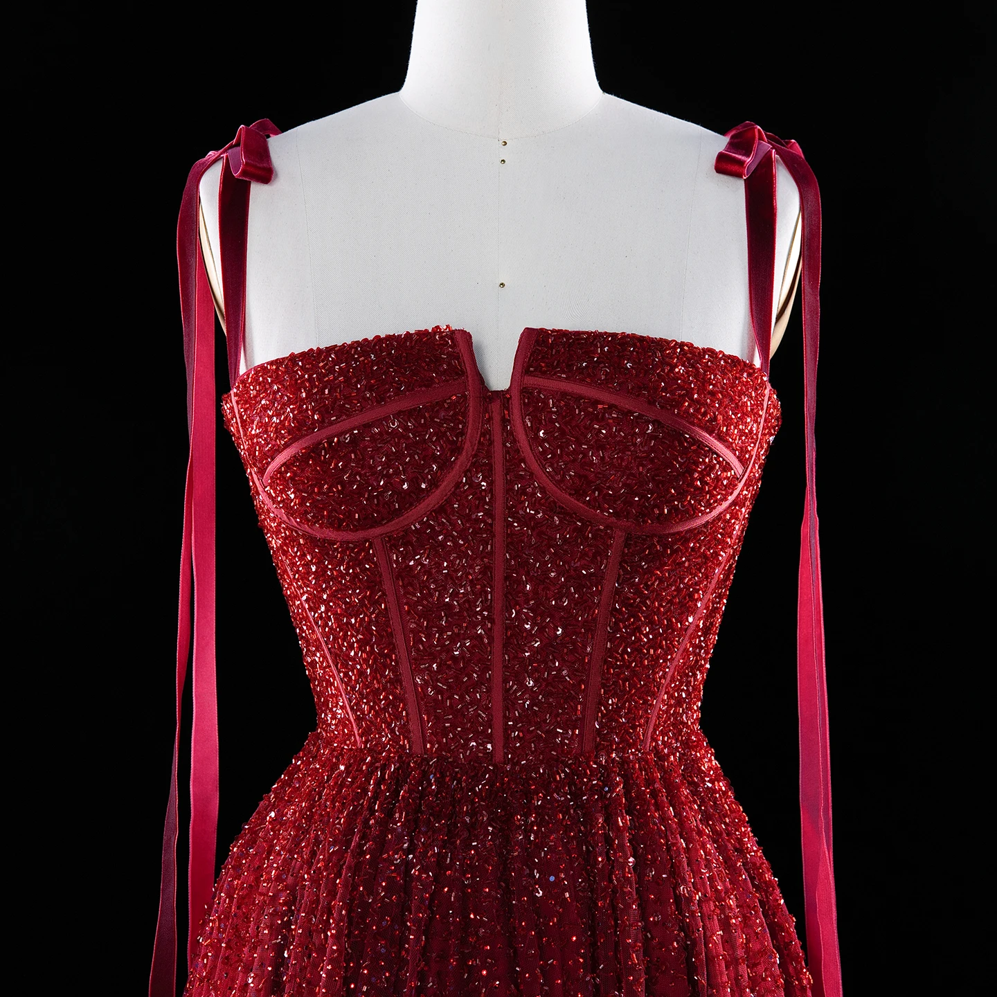 Sharon Said Burgunder Abendkleid mit Spaghettiträgern, Schleife, Perlenstickerei, fließendem Tüll, A-Linie, formelle Partykleider SS263, maßgeschneidert – Detail 10
