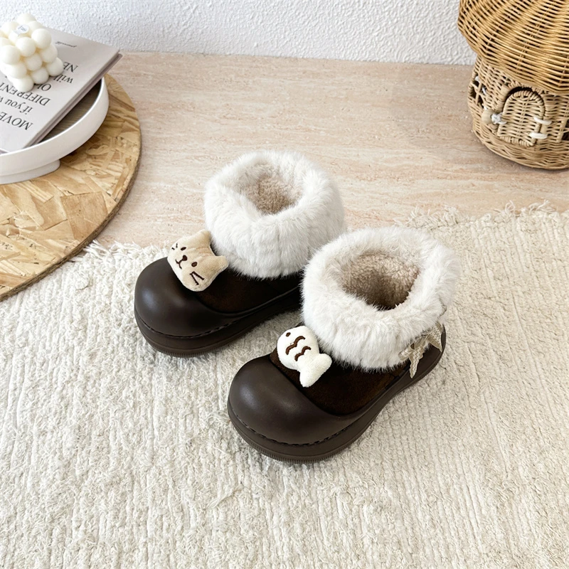 

2025 Children Cotton Short Boots for Girls Winter New Fashion Korean Style Soft Sole Non-slip Versatile Princess Leather Shoes