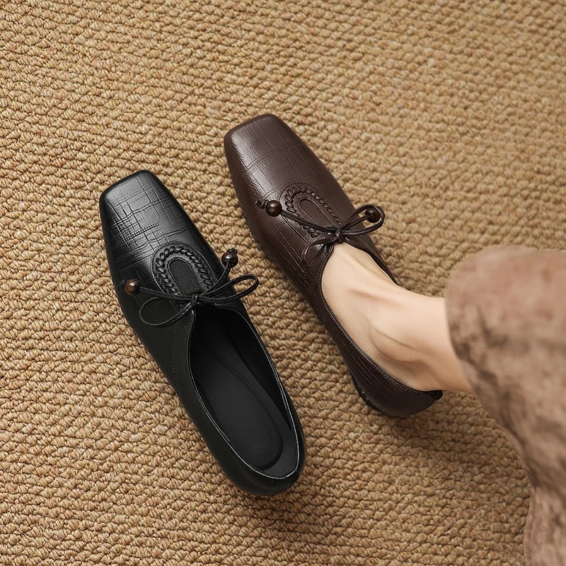 2026 new spring summer women pumps natural leather 22-25cm embossing sheepskin square toe thick heel lace-up women shoes fashion