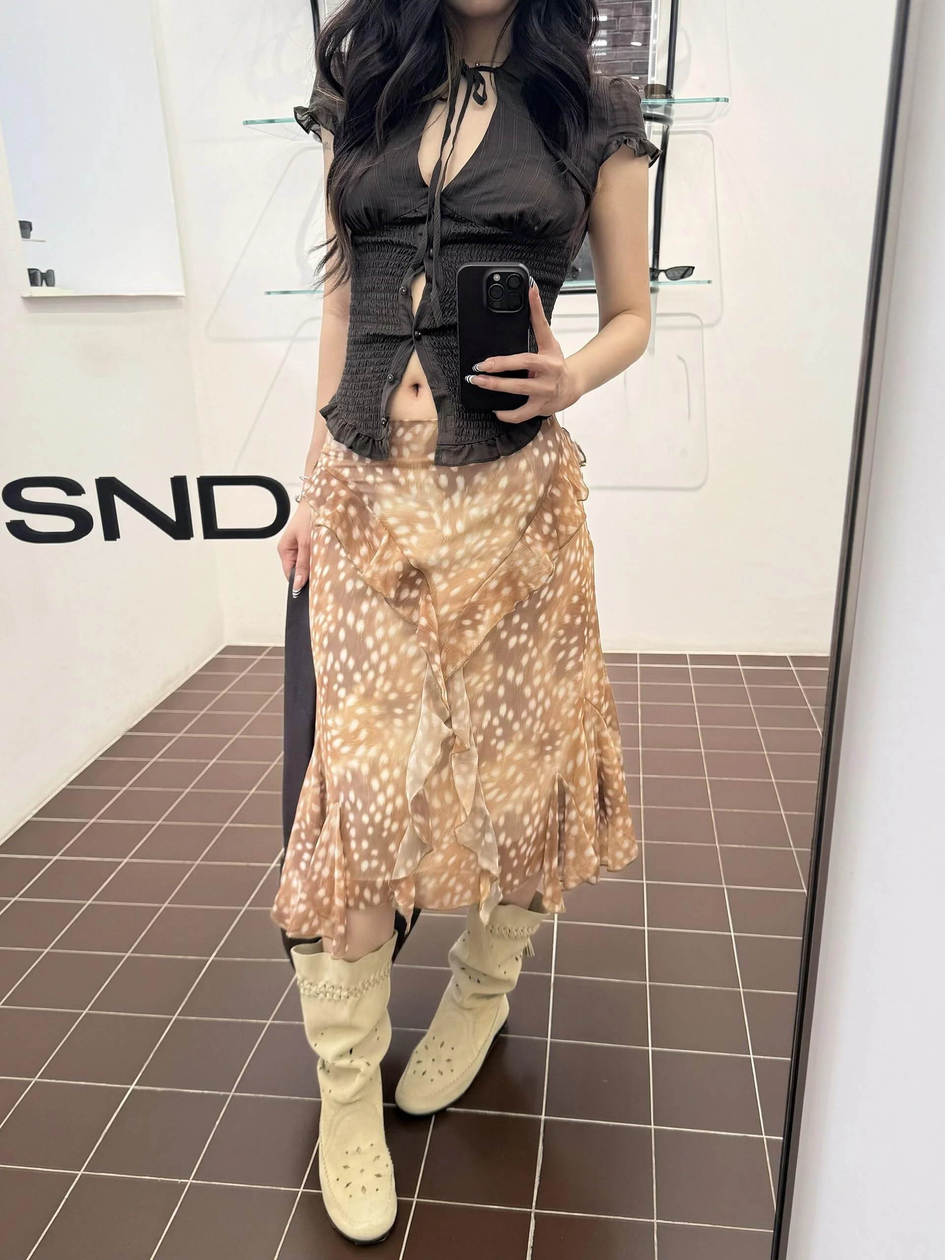 Retro American Half-length A-line Skirt with Irregular Deer Pattern for Women Casual Mid-length Spring Summer New Style