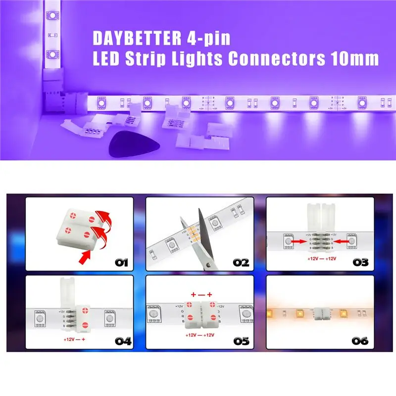 A64K LED Strip Connector Kit for 5050 10Mm 4Pin, L Shape 4-Pin LED Connectors , Solderless LED Strip Accessories for DIY