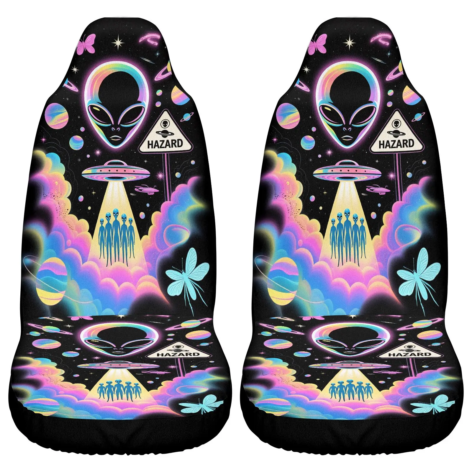 Set Of 2 Car Seat Covers Featuring An Alien Rainbow UFO Design, Compatible With For All Types Of Vehicles Such As Sedans, Suvs,