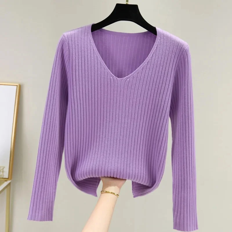 2024 New Sweaters Women Casual V-neck Solid Jumpers Pullovers Spring Autumn Sweater Winter Warm Knitwear Bottoming Shirt