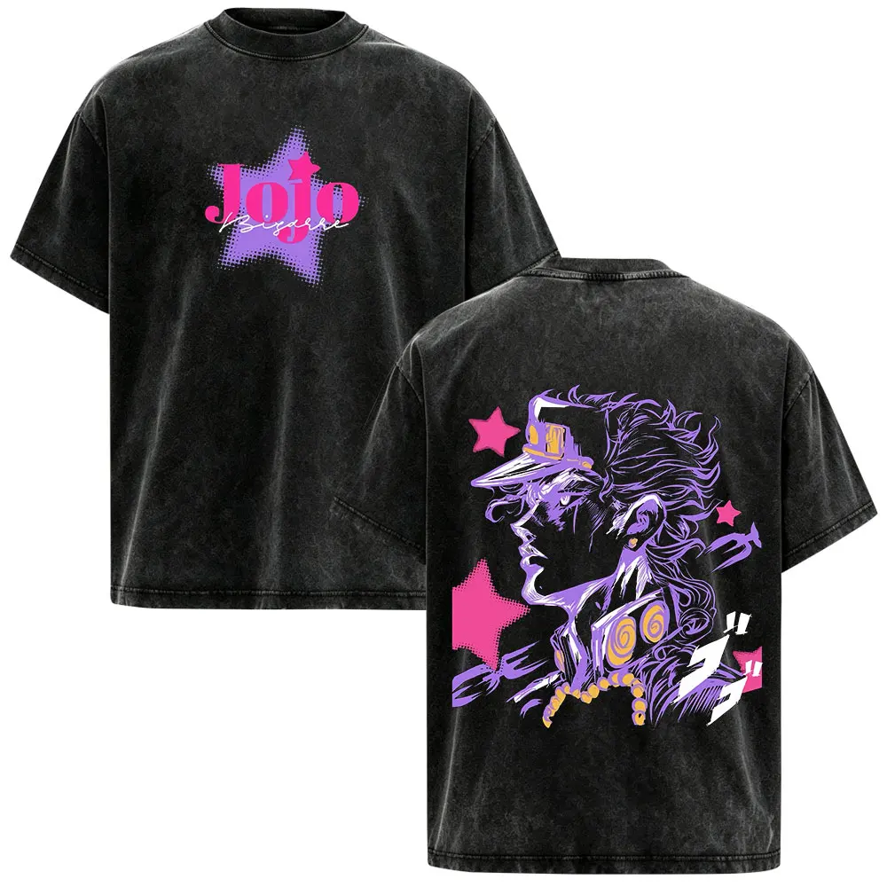 Anime JoJo Bizarre Adventure Kujo Jotaro Vintage Washed T-shirts Men's Women Clothing Fashion Oversized Short Sleeves T Shirts