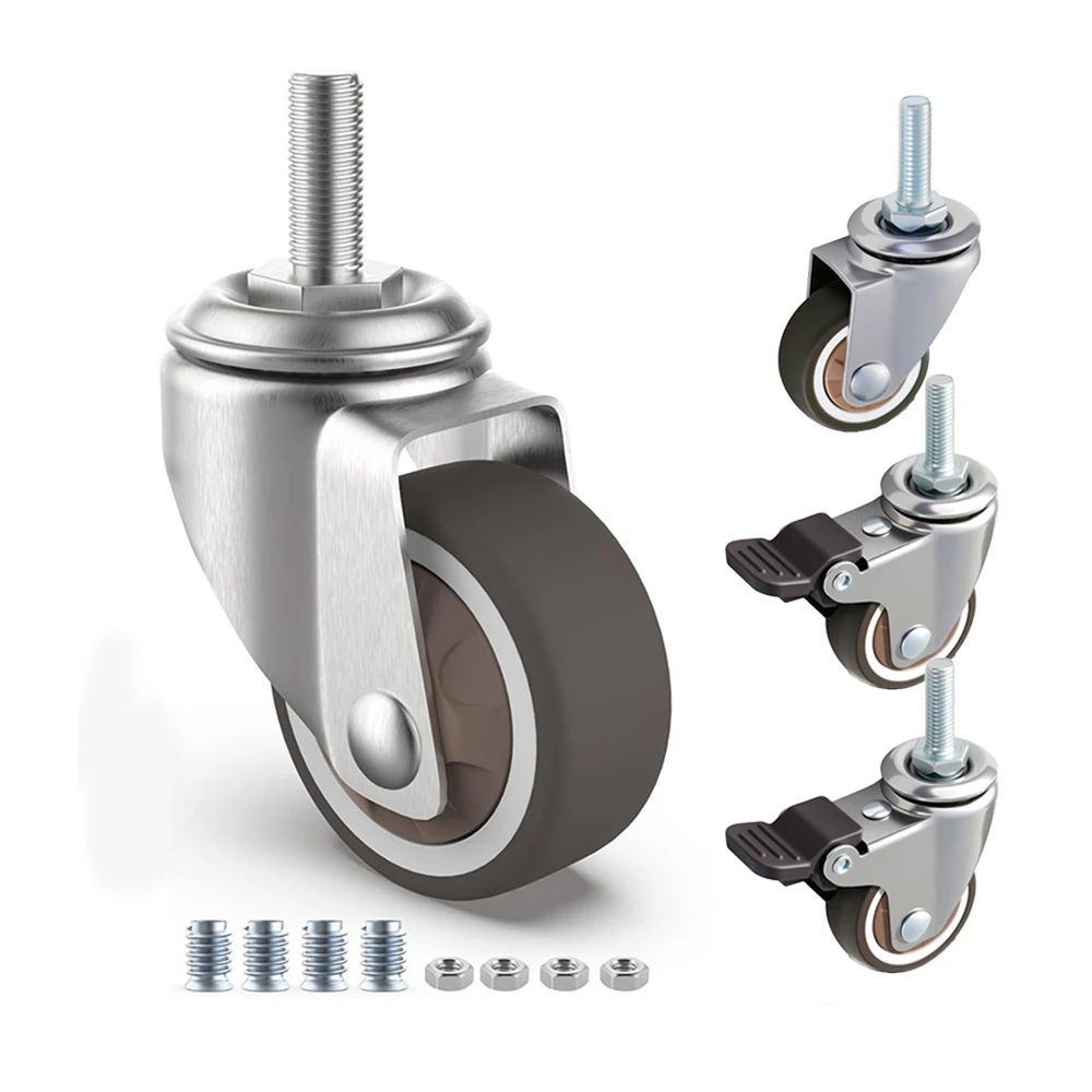 2/4pcs Swivel Casters, Soft Rubber TPE, Mini Threaded Rod Casters, Braking, = Used for Storage Carts, Shelf Units, Coffee Tab