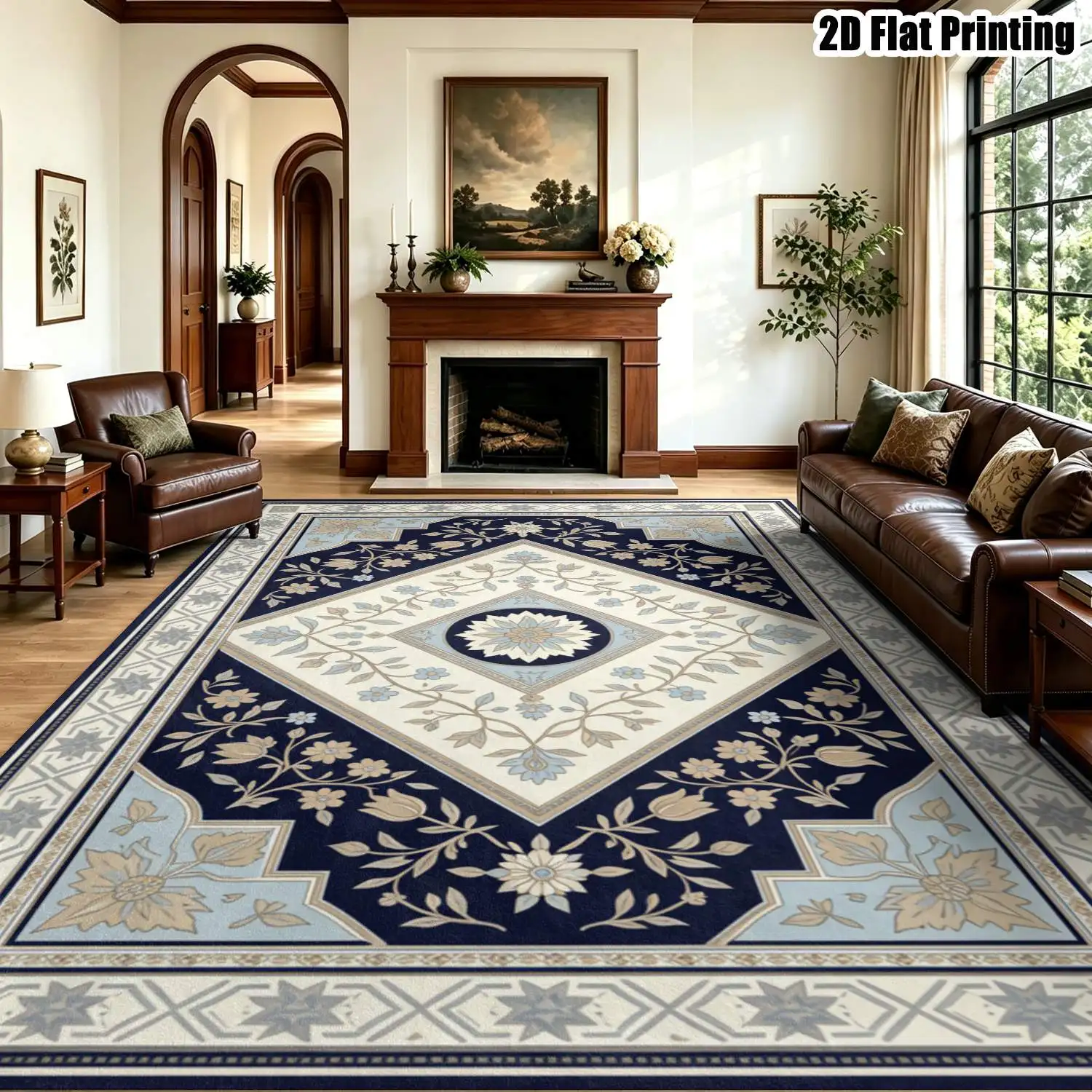 1Pc 2D Printed Carpet: Dark Blue & Off-White Floral Geometric Designs Vintage European-Style Minimalist Rug, Machine Washable, Multi-Size, Ideal for Entrance, Dining, Foyer, Bedroom, Living Room Home Decor