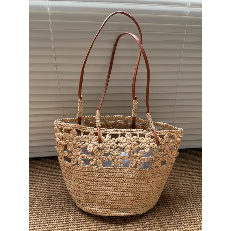 Natural Raffia Crochet Tote Bag with Floral Cutout & Leather Strap, Summer Beach Shoulder Purse, Casual Boho Style Handbag