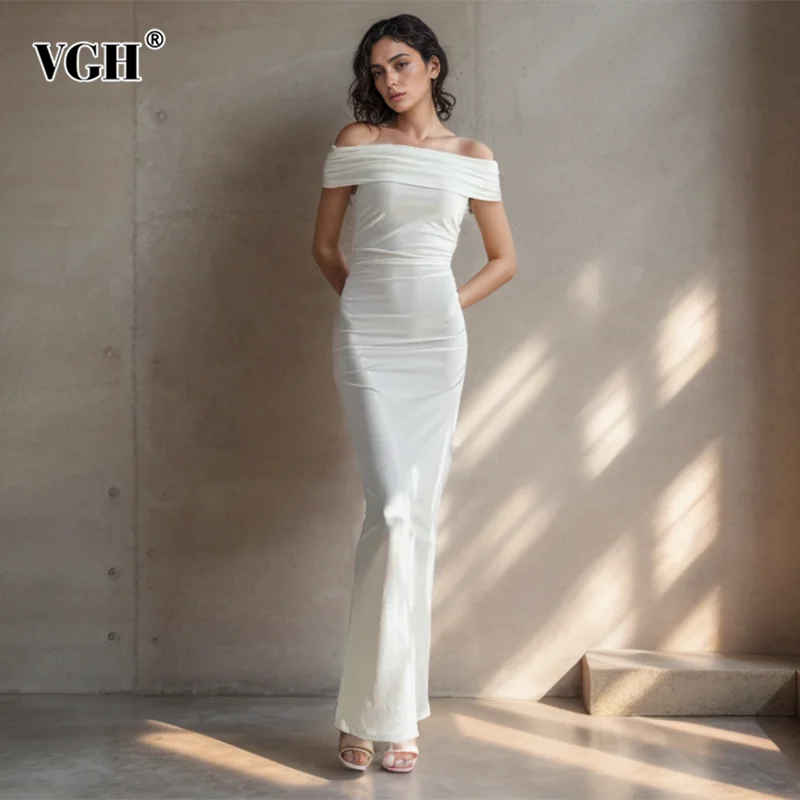 

VGH Temperament Dresses For Women Slash Neck Sleevless High Waist Slimming Elegant Party Dress Female Fashion Clothing New Style