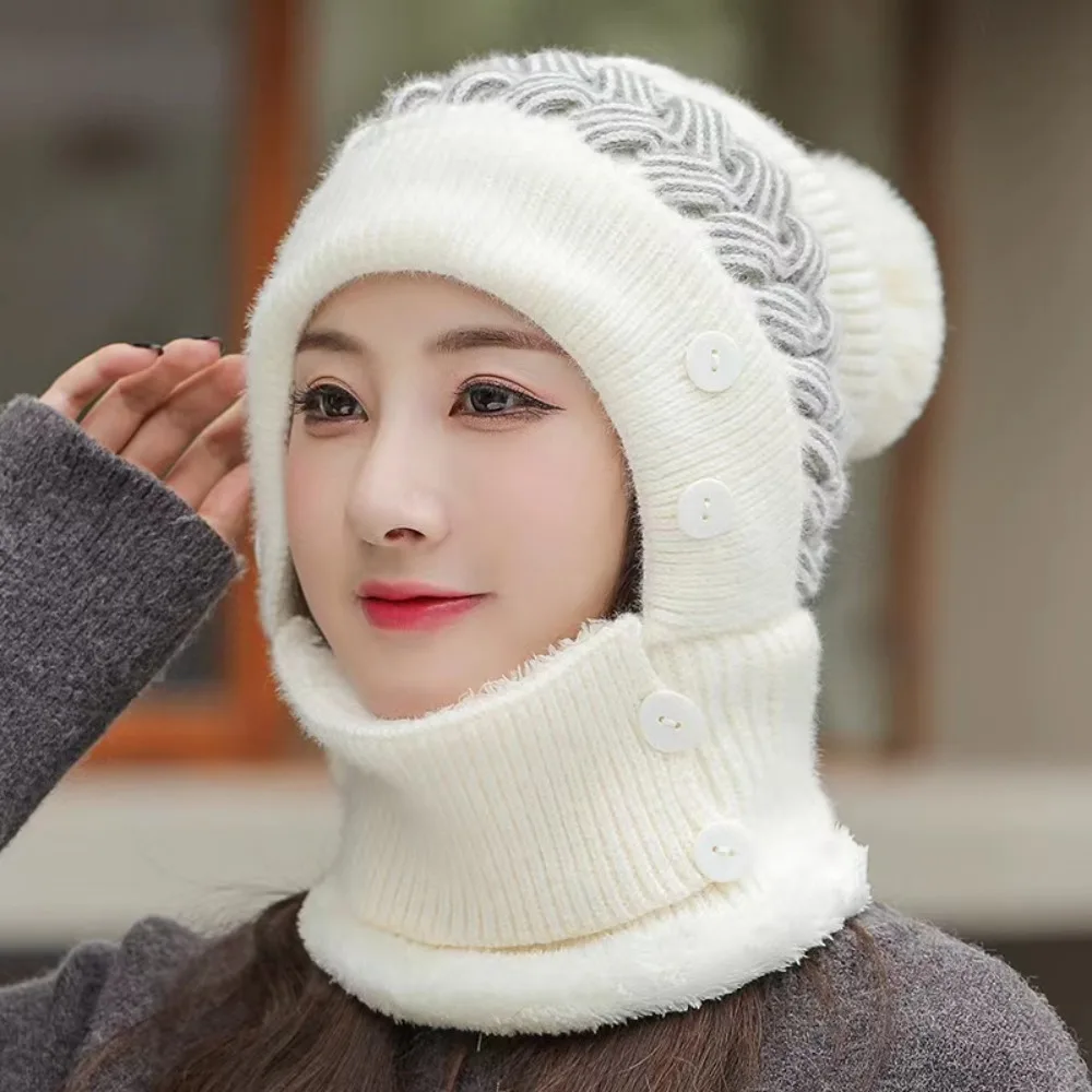 New Thickened Hat Scarf Set Winter Warm Detachable Ear Protection Cap Knitted Women Beanies Cap Outdoor