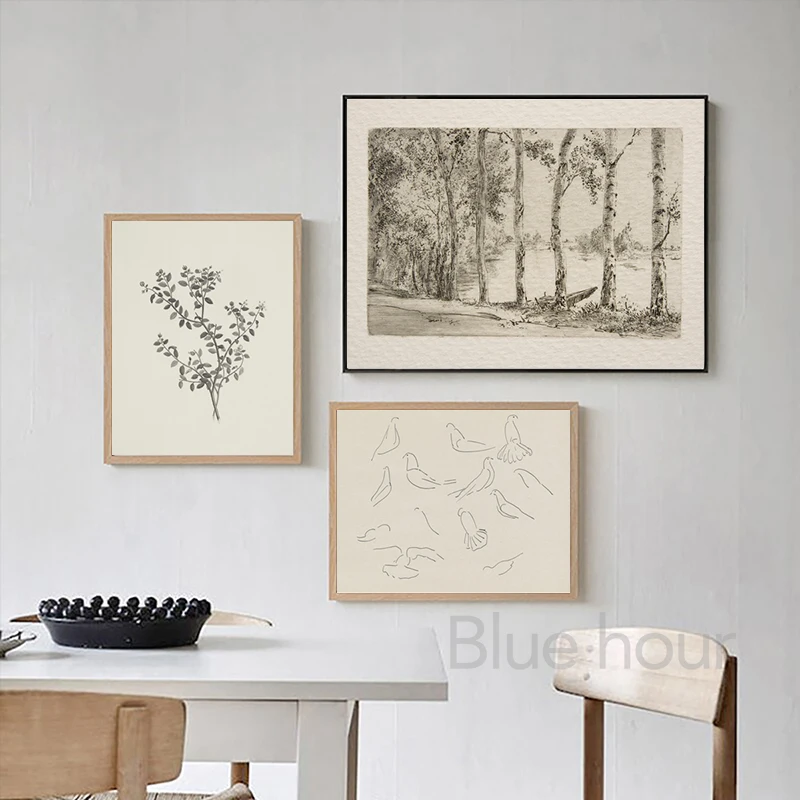 Vintage Rustic Tree Sketch Drawing Art Prints Farmhouse Country Painting Wall Art Canvas Pictures Botanical Poster Home Decor