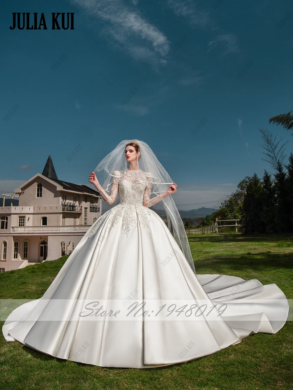 Julia Kui-vestido de novia de satén personalizado, vestido de novia con cuentas, bordado de perlas, encaje, mangas completas, cuello alto, falda nupcial de princesa