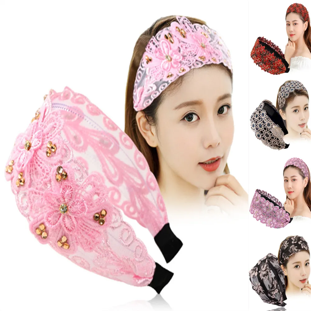 

HongBiTu Women wide-brimmed hairpin Lace Flowers stripes Headwear non-slip stuck Headband H016