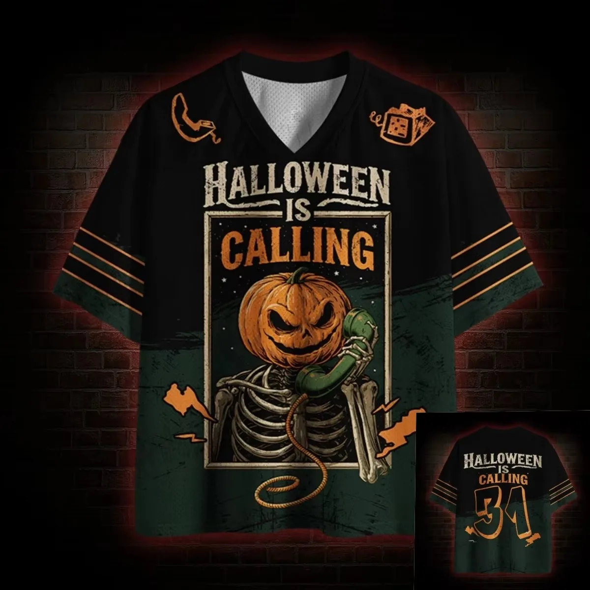 2026 New Halloween Gothic Dark Unisex Jersey with Retro Skull Pumpkin Phone Pattern Print, Suitable for Parties To Wear