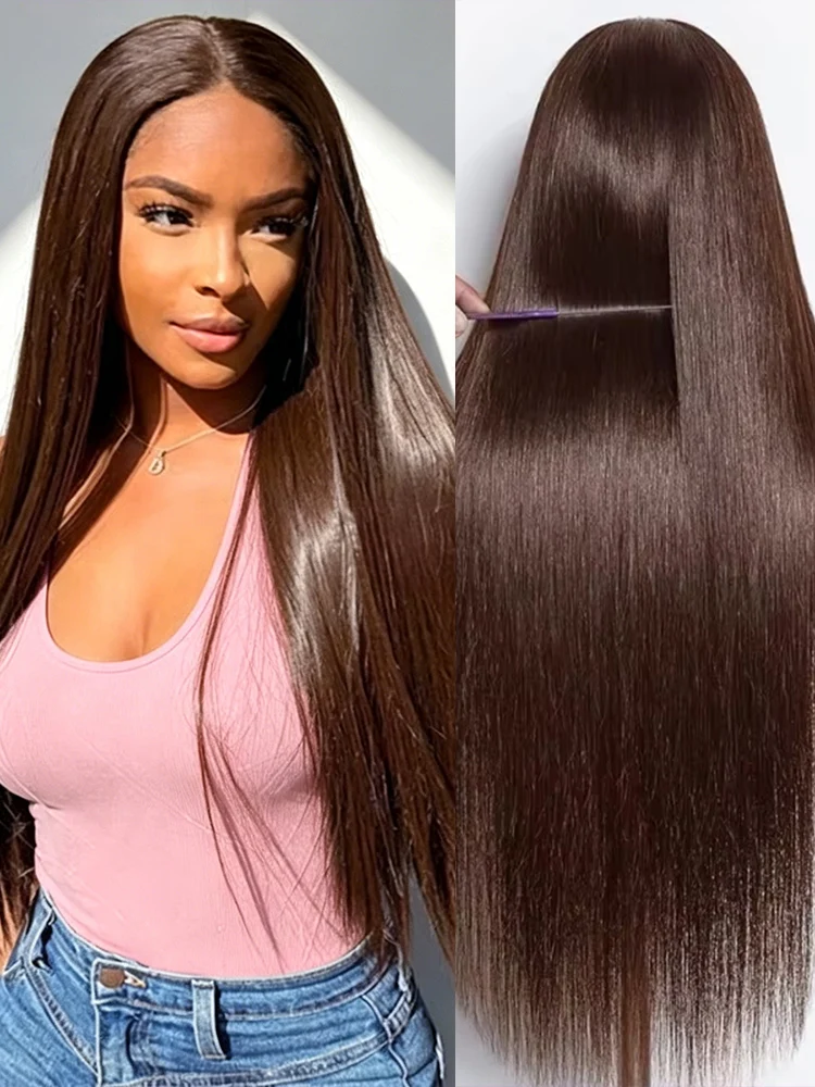 

250 Density Chocolate Brown Colored Straight Human Hair Wigs Front For Women 30 35 inch 13x6 Hd Transparent Lace Frontal Wig