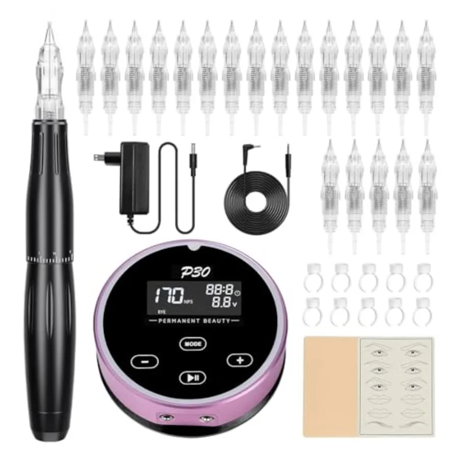 

Permanent Makeup Machine Kit for Eyebrow Eyeliner Lip with Swiss Motor Rotary Pen Mini Power Supply Cartridge Needles in Black