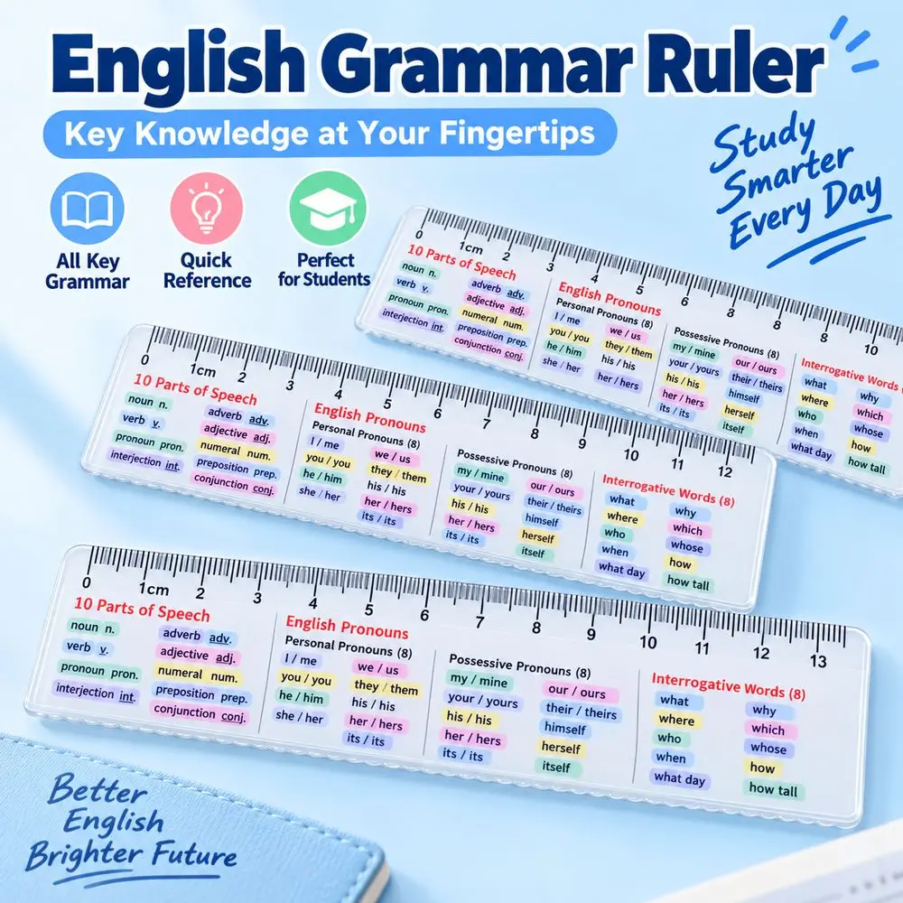 Straight Edge English Ruler Multifunctional Printed Reference Chart Pronoun Ruler Compact Reference Ruler Classroom Learning
