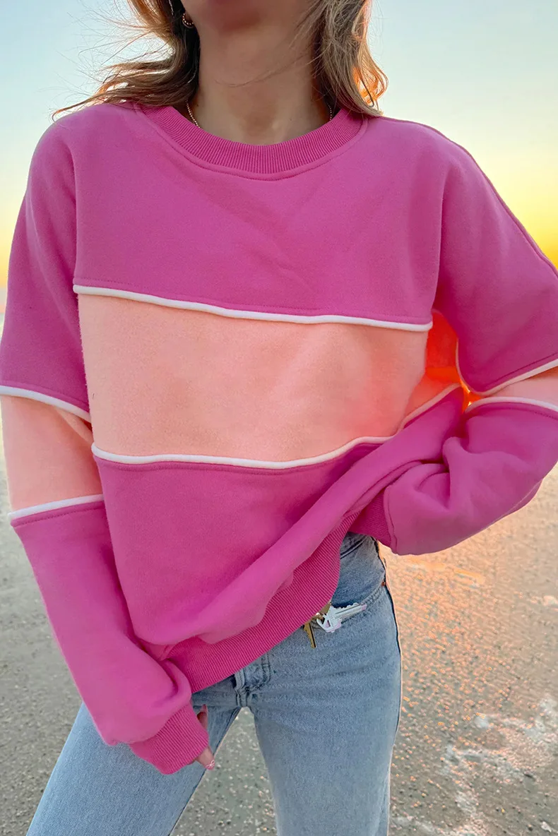 2024 Autumn New Color Matching Long-sleeve Tops For Women Casual Loose Casual Drop Shoulder Sweatshirts For Women Street Shirt