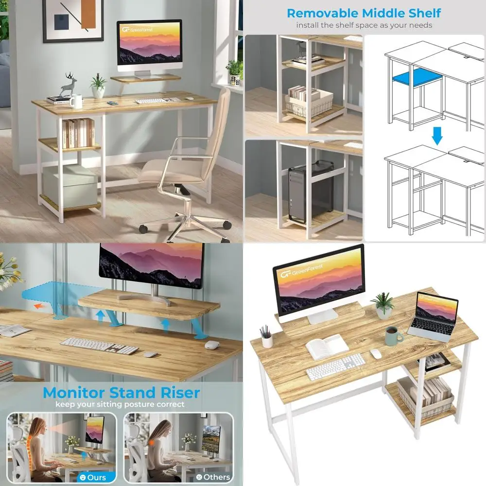 مكتب مدمج من خشب البلوط 39 مع حامل شاشة ورف قابل للعكس لكفاءة المكاتب المنزلية #1