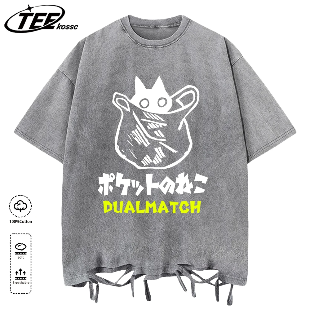 

Футболка с принтом «Кот в сумке» и потертыми отверстиями, мужские летние универсальные топы, модная хлопковая уличная одежда унисекс с круглым вырезом и короткими рукавами