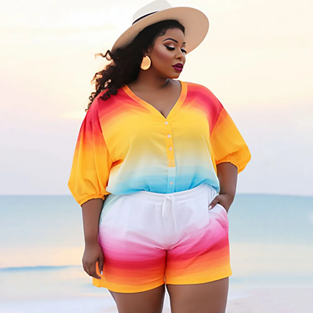 Plus Size zestaw z nadrukiem Dye damskie koszulka z dekoltem w szpic dwuczęściowy strój bluza w stylu Casual 2024 letnie pasujące zestawy dla kobiet