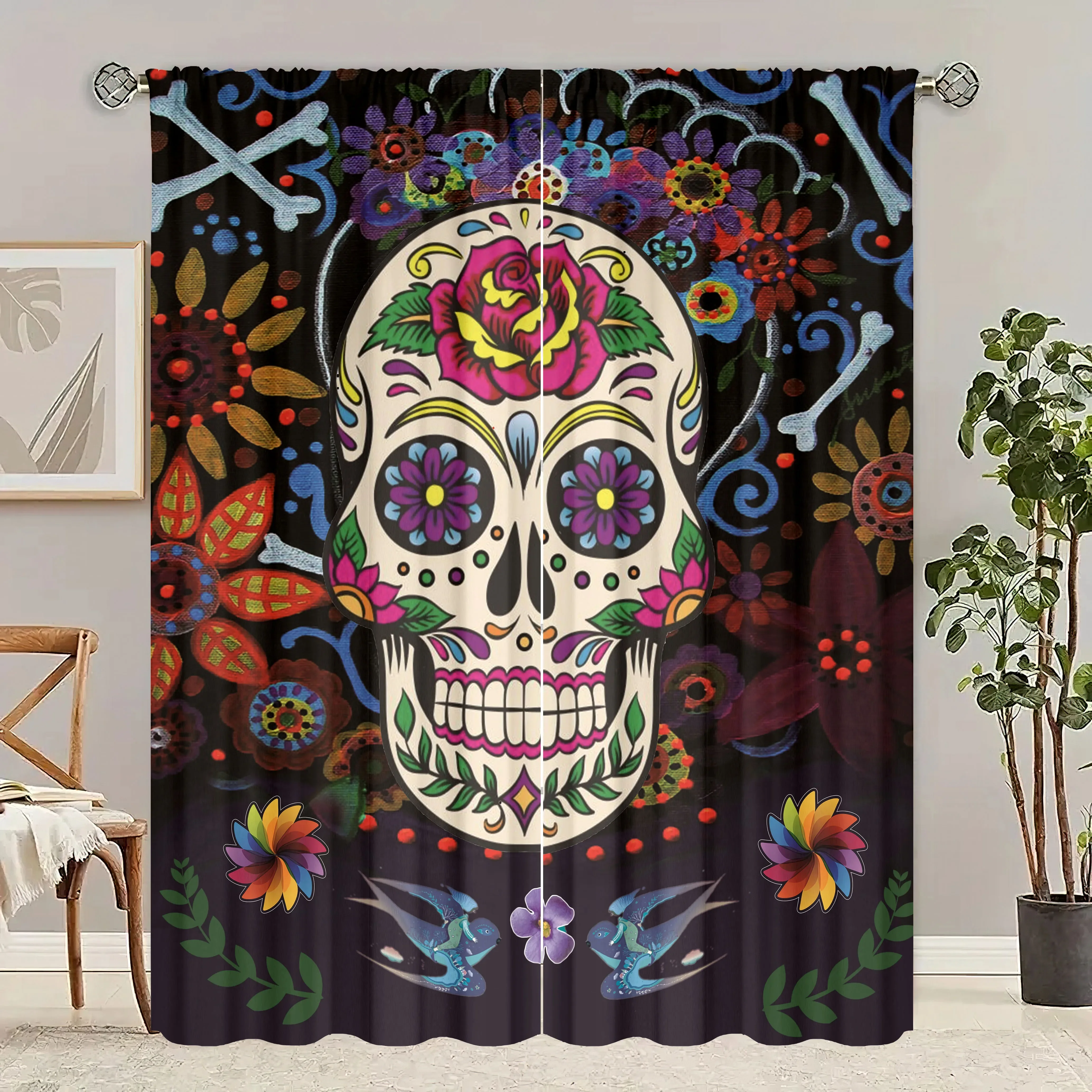 Gothic Skull Print Curtains - 2-Piece Polyester Set for Bedroom, Living Room & Study Decor, Edgy Rocker Window Treatment​