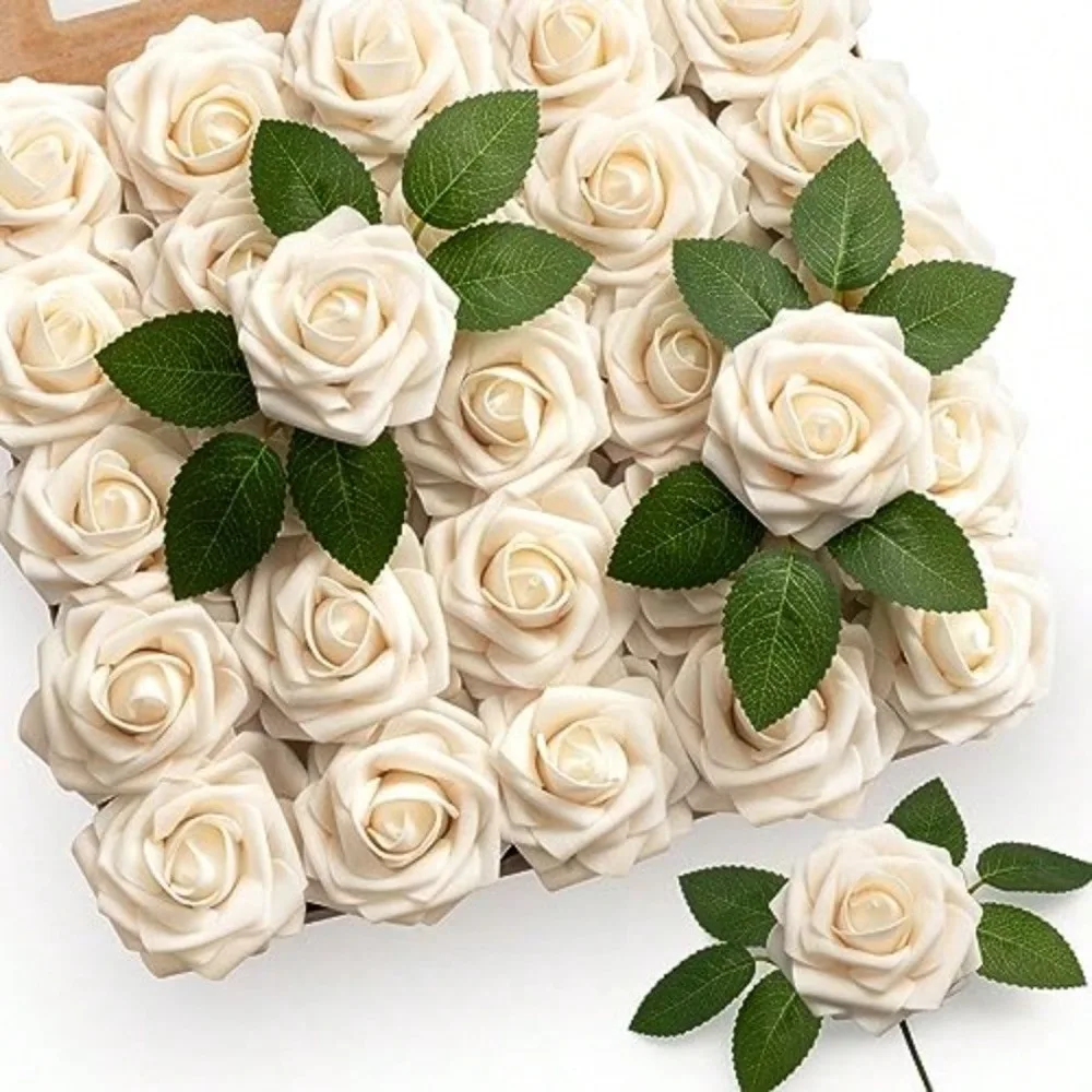 

50Pcs Rose Artificial Flowers Cream White Fake Roses For Decoration Real Touch Beige Foam Rose Bulk