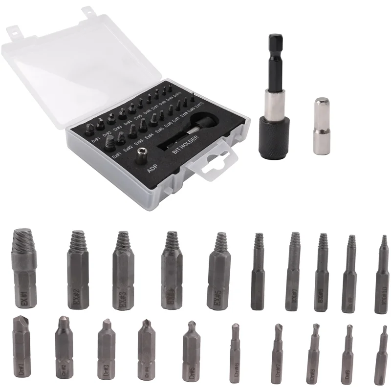 AEE6-Damaged Screw Extractor Set,22 PCS Stripped Screw Extractor Kit, HSS Broken Screw Remover Set With Bit & Socket Adapter