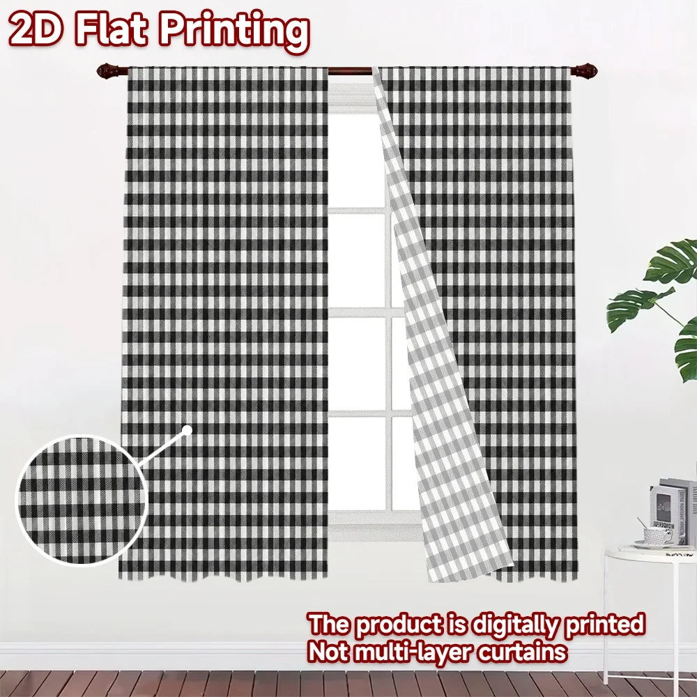 2D FLAT PRINTING 2pcs Curtains (Without Rod) Black and White Checks Print Chic Curtains Versatile 100% Polyester Curtains Easter
