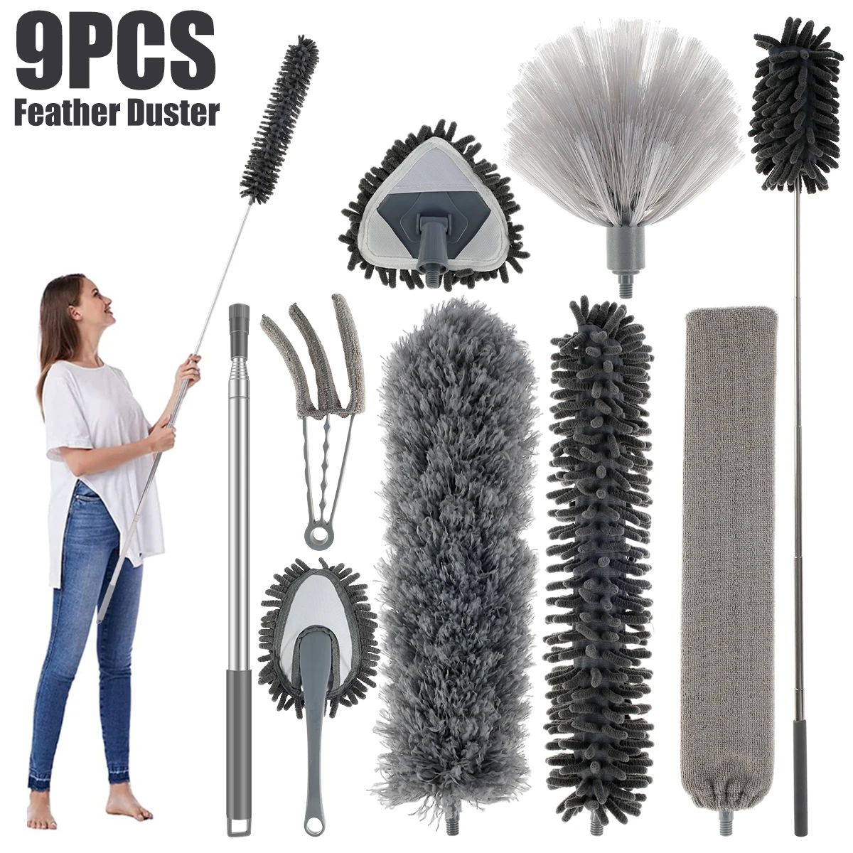 9Pcs Microfiber Feather Duster Brush Washable Household Cleaning Tools Set Extendable Telescoping Pole Bendable Chenille Dusters