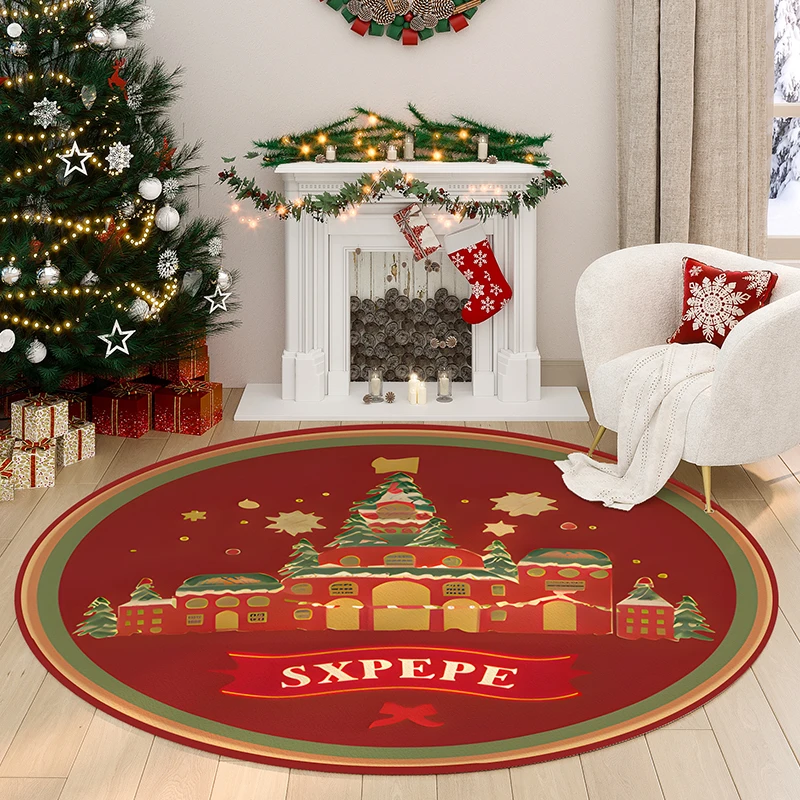 Living Room Bedroom Christmas Themed Decoration Circular Carpets Cloakroom Christmas Tree Carpet Bathroom Non-slip Red Soft Rugs