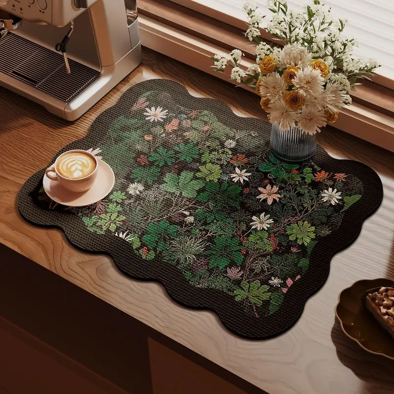 Vintage Floral Bowl Plate Drainer Mat Absorbent Heat-Resistant Non-Slip Kitchen Countertop Home Decor Quick-Dry Dish Mat