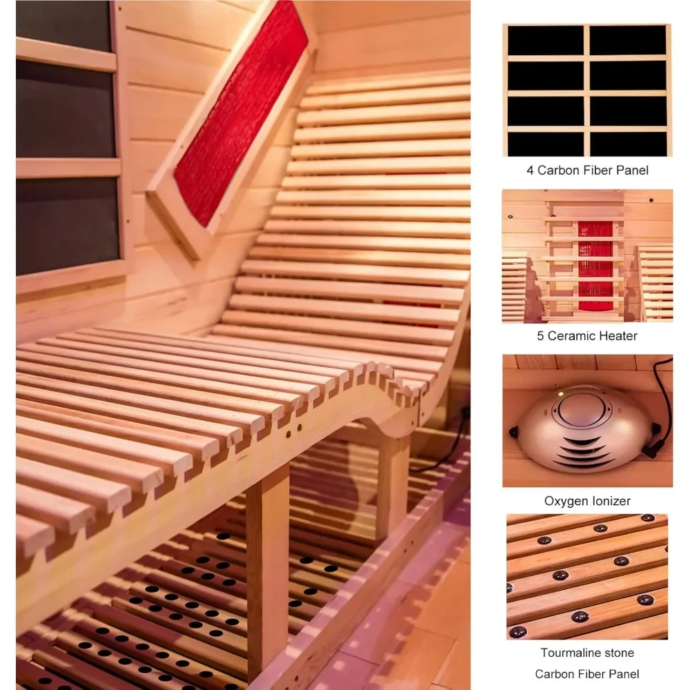 Far Infrared 2 Person Wooden Sauna Room with Recliner, Hemlock Luxury Indoor Sauna with 10 Heaters, Oxygen Bar Saunas