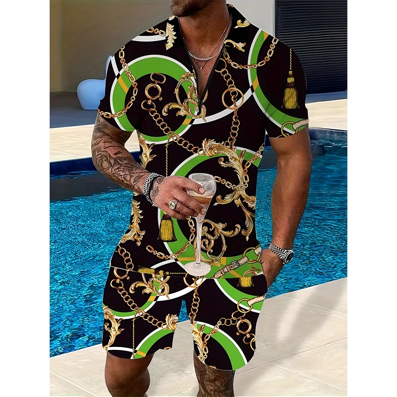 Summer Casual Breathable Suit Men\'s Sports Printed Chain Pattern Oversized Men\'s Suit Loose Top Y2k Style Shirt Short Sleeves