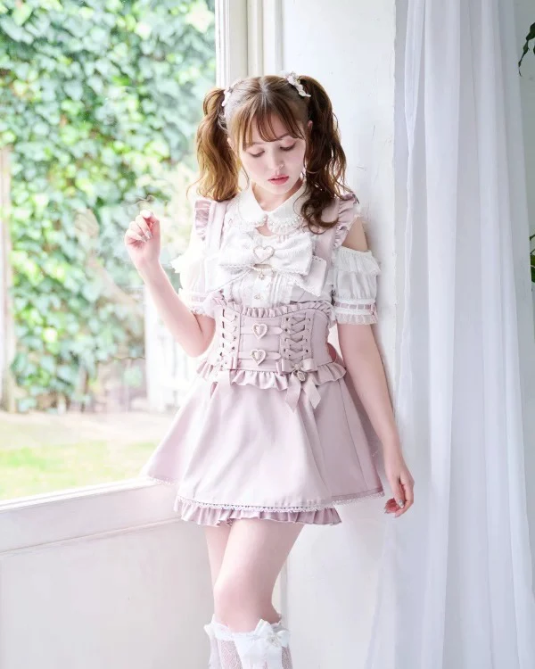 Japanischer Mine-Stil, LIZ, abnehmbare Hosenträgerröcke, Herzknopf, Schleife, hohe Taille, A-Linie, süßer, vielseitiger Lolita-Rock für Damen