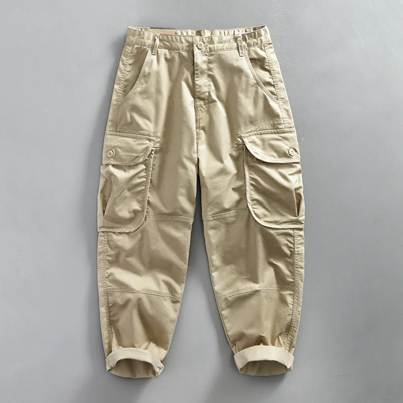 

Spring Autumn New Casual Cargo 100% Cotton Pants for Men Big Pockets Zipper Trousers Streetwear Men Khaki Army Green