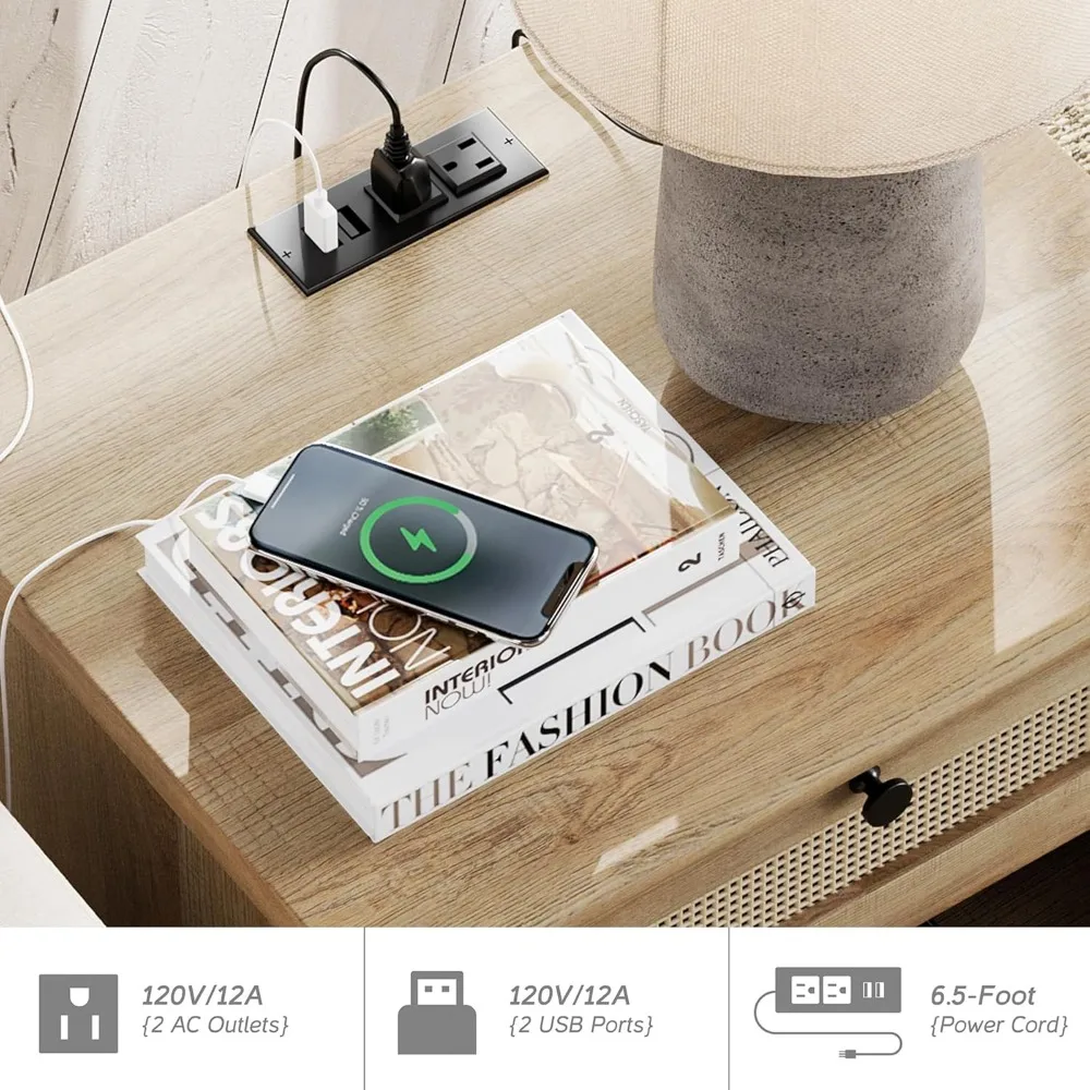 طاولة نهاية من الروطان لمحطة الشحن لغرفة المعيشة، طاولة جانبية للأريكة مدمجة مع أدراج تخزين ورف، ليلة خشبية ريفية