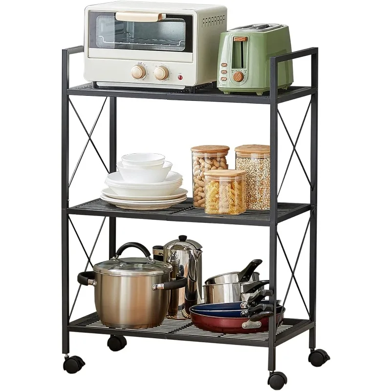 

3-Tier Metal Storage Rack with Wheels, Mesh Shelving Unit with X Side Frames, 23.6-Inch Width, Industrial Style