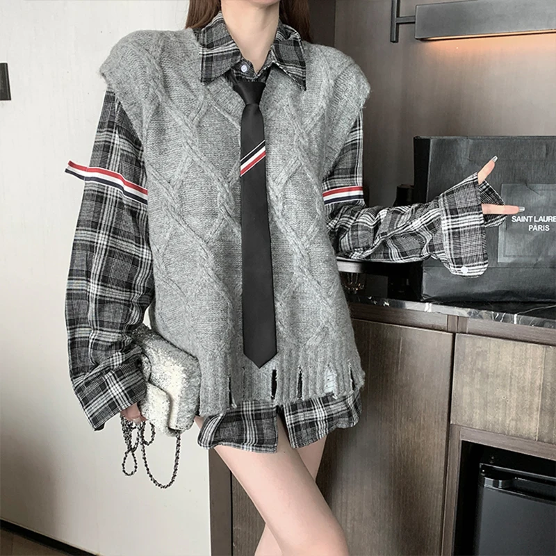 

Жилет женский KKK Studio, вязаный, весна-осень, с бахромой, ромбовидный узор, свободный крой, для многослойных образов, V-образный вырез, смесь хлопка