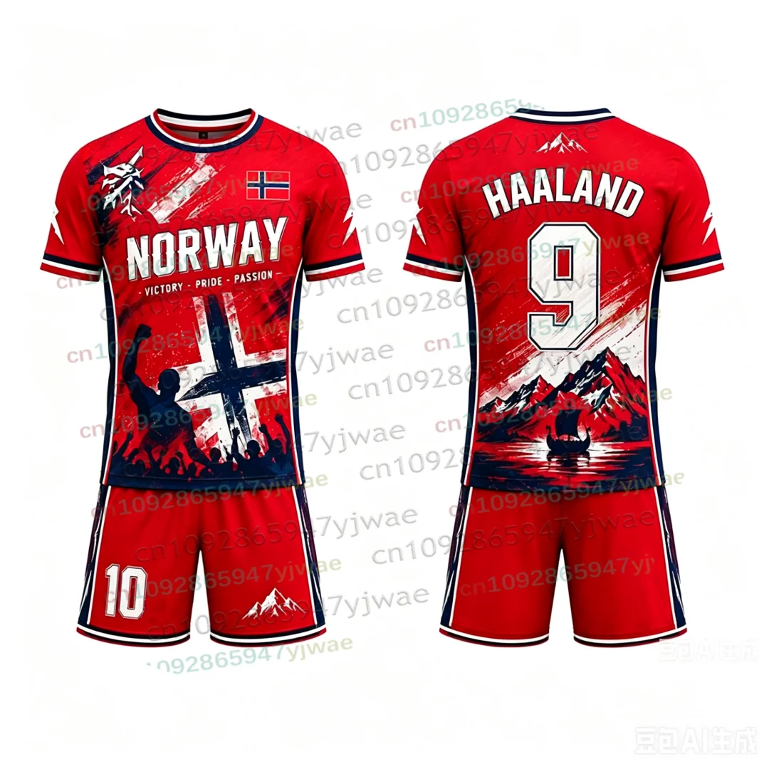 26 Special HAALAND Nr. 9 Fußballtrikot-Set mit Shorts für Damen, Herren und Kinder, Norwegen Fußballfan-Outfit, 2-teiliges Set – Detail 5