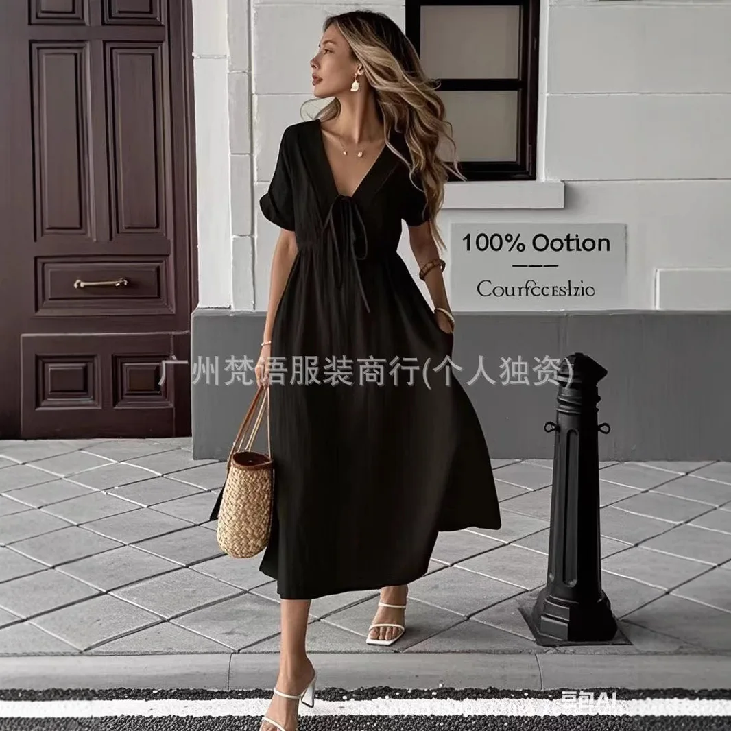 

Summer Simple Solid Color Long Dresses Women Sexy V-neck Leace-up Short Sleeves A-line Dress Casual Elegant Lady Vestidos 2025
