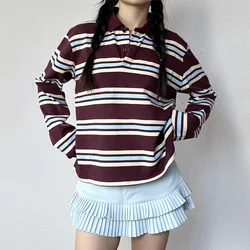 Women's Striped Relaxed Rugby Polo Shirt Long Sleeve Casual Cotton Blend Fashion Top in Various Colors