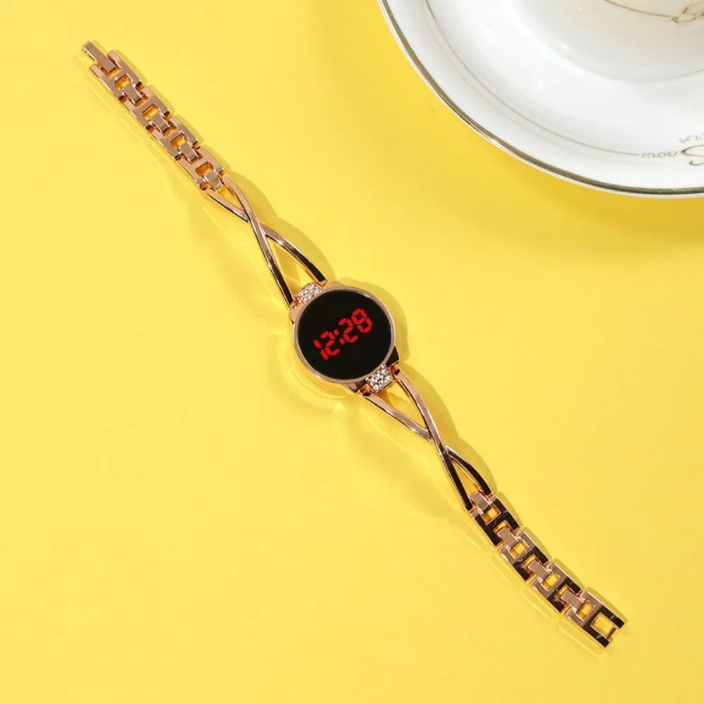 Electronic Touch Screen LED Watch Rhinestone Metal Bracelet Bangle Watch Steel Band Round Wrist Watch Girls