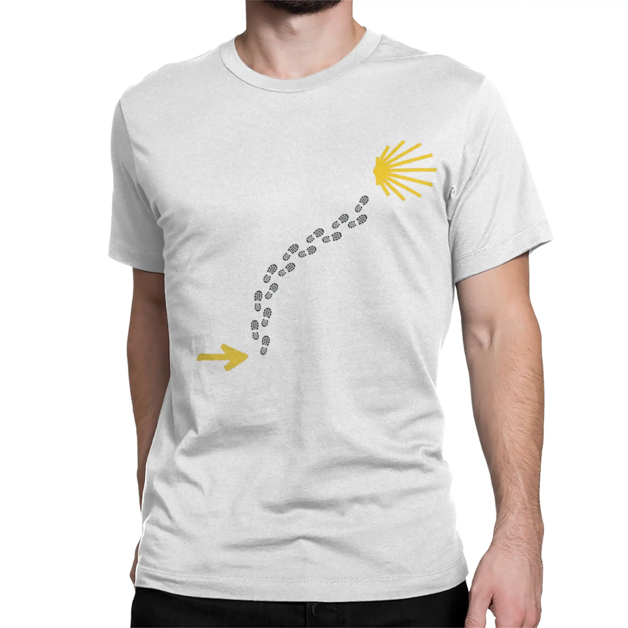 Footprints towards the Scallop of the Camino de Santiago T Shirts Men  Cotton T-Shirt Round Neck Tee Shirt Short Sleeve Clothing