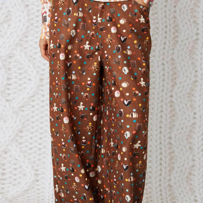 2025 Autunno Inverno Nuovi Pantaloni da donna Design originale Dolce e carino Stampa di caramelle Velluto a coste marrone Pantaloni dritti versatili da donna