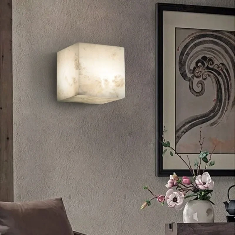 High Quality Cube Marble Wall Lamp Natural Stone Square Bedroom Bedside LED Sconce Hallway Staircase Lighting Fixtures