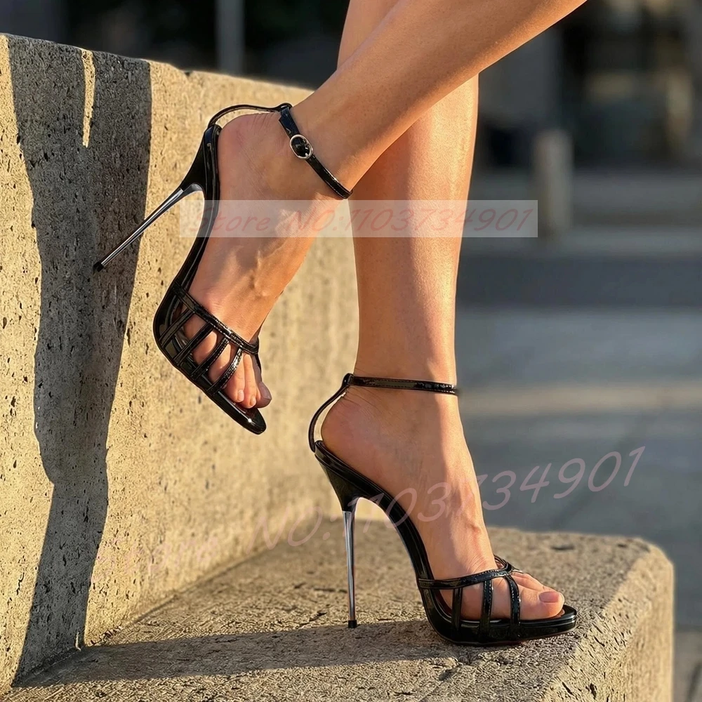 Caged Toe 16CM Metal Ultra Thin Heels Sandals Women Sexy Ankle Strap Peep Toe Stilettos Sandals Feminine Fashion Party Shoes
