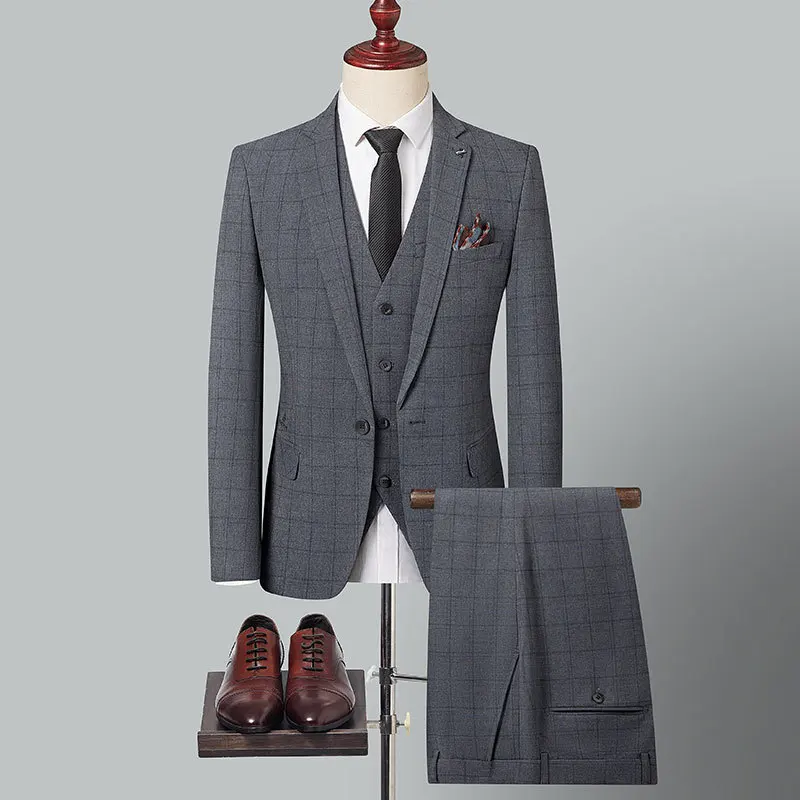 

KIDWHXR Men 3-piece Set Vintage Plaid Turn Down Collar Blazer Man Single-breasted Vest Straight-leg Pant Male Business Suits