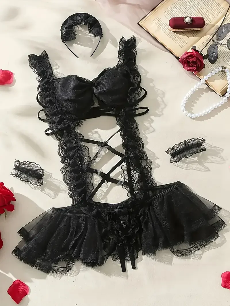 Freche Dienstmädchen-Uniform, Rollenspiel-Kostüm, Body für Frauen, sexy Dessous, Schleife, Spitze, Hosenträgerkleid, Cosplay-Unterwäsche
