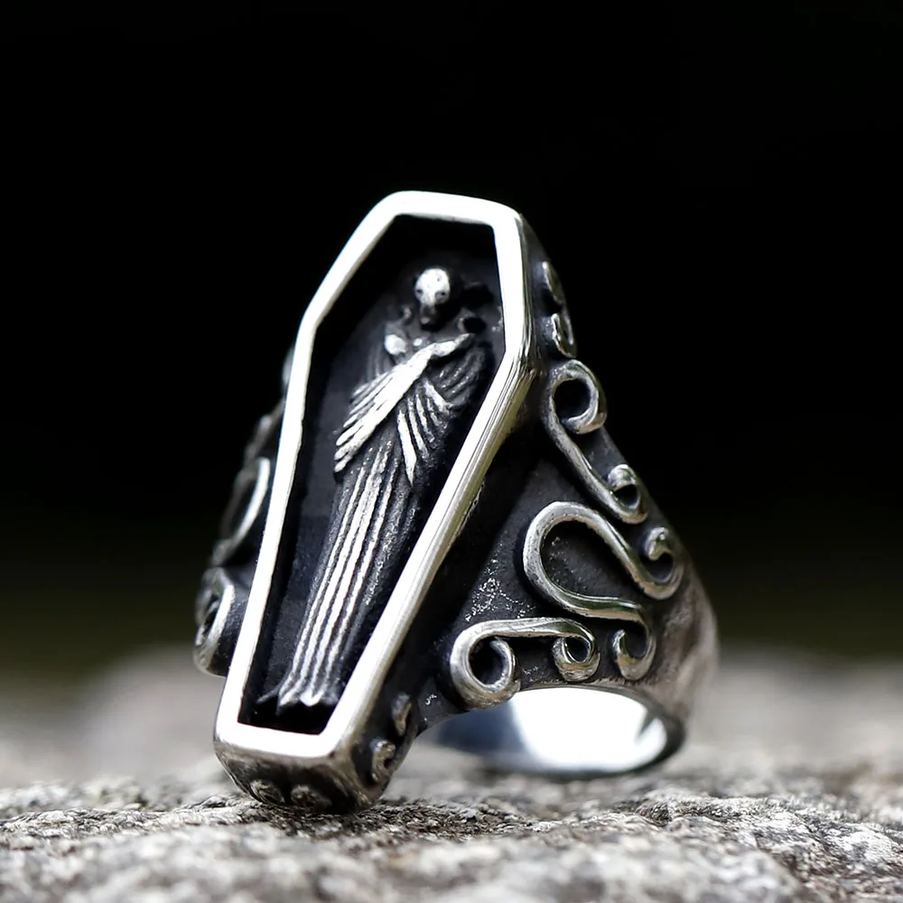 2023 Herren 316l Edelstahl Ring neue kreative Designs Doppels chädel Sarg Ring für Männer Gothic Punk Schmuck versand kostenfrei